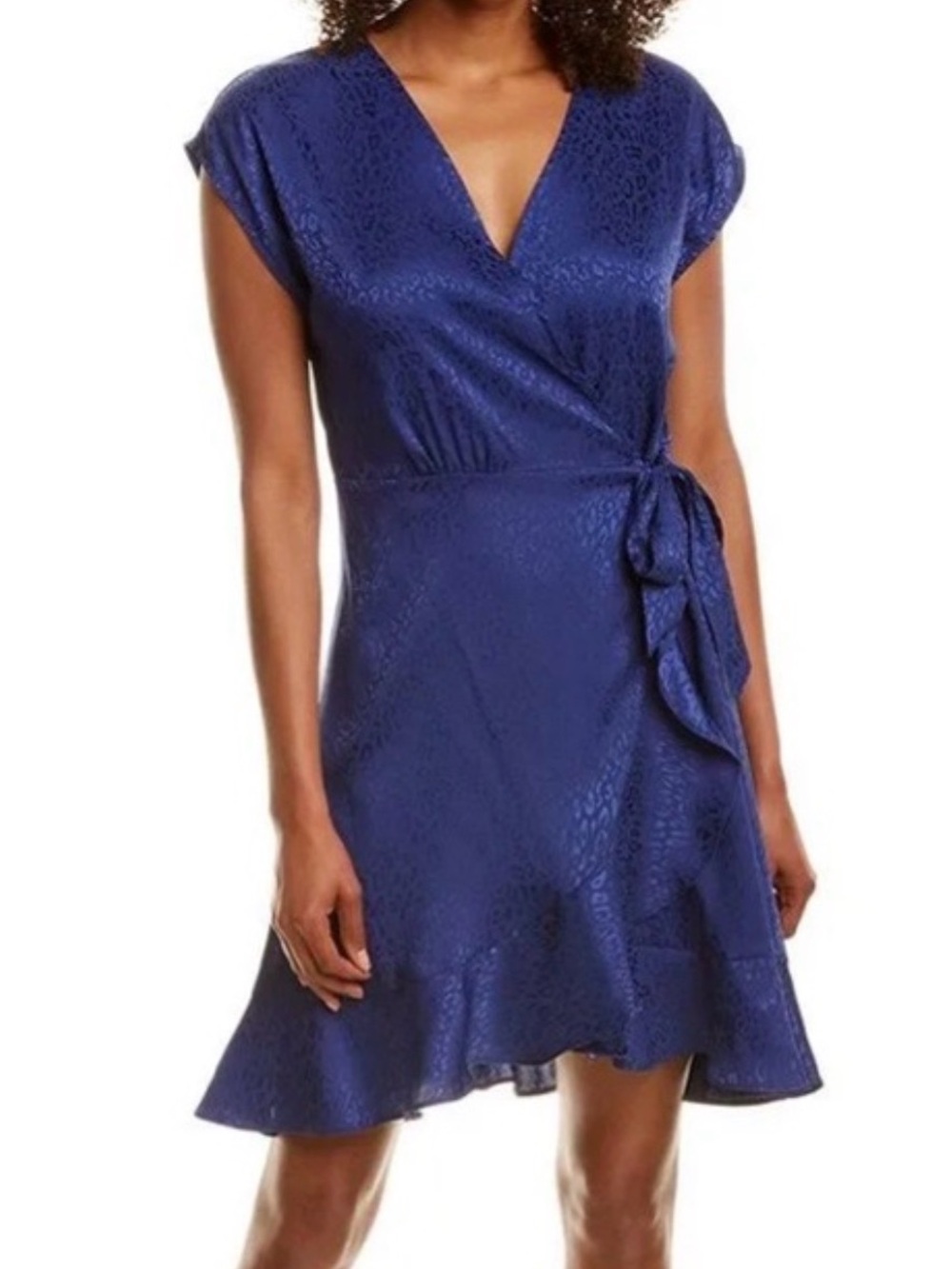 Tiana B Cobalt Blue Leopard Satin Faux Wrap Feminine‎ Party Dress Ruffle Hem